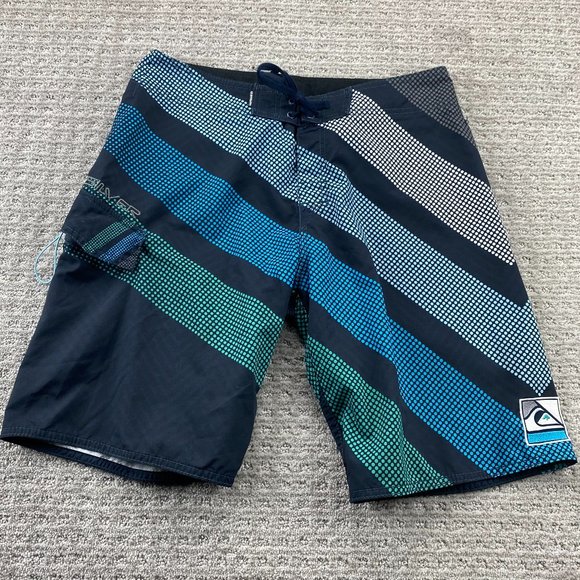 QUIKSILVER Swim Trunks Men 32 Black Blue Green Polka Dots Surf Board Shorts - Picture 1 of 11